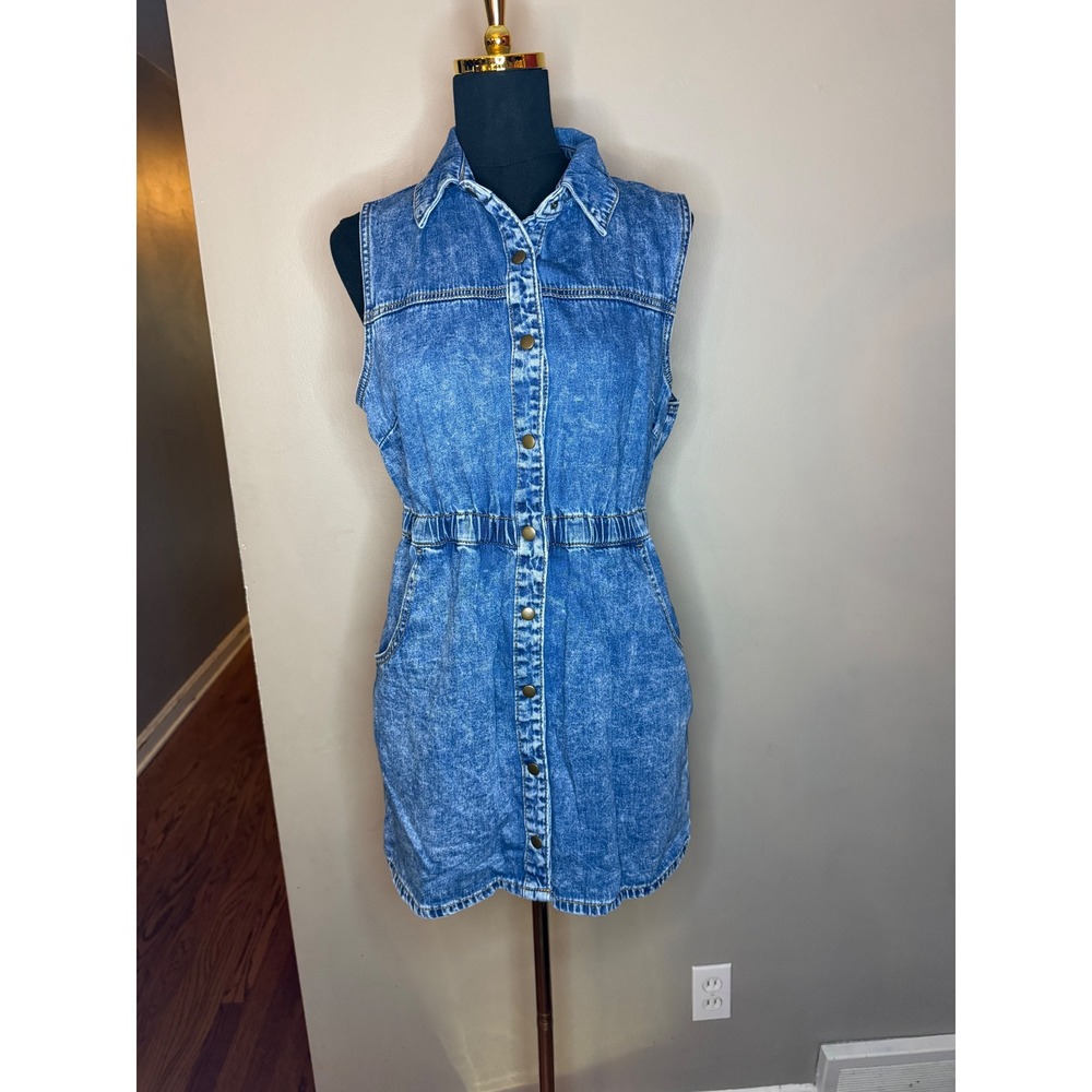 Forever 21 Womens Blue Acid Wash Denim Button Down Mini Dress Sleeveless Large
